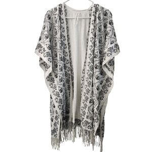 Anthropologie‎ Kimono XS/S White Black Embroidered Fringe Open Front Cover Up